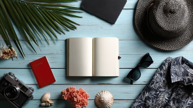 Open notebook, passport, camera, hat, shirt, sunglasses, on blue wood