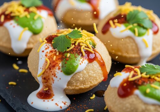 Dahi puri street food appetizer with yogurt chutney and sev
