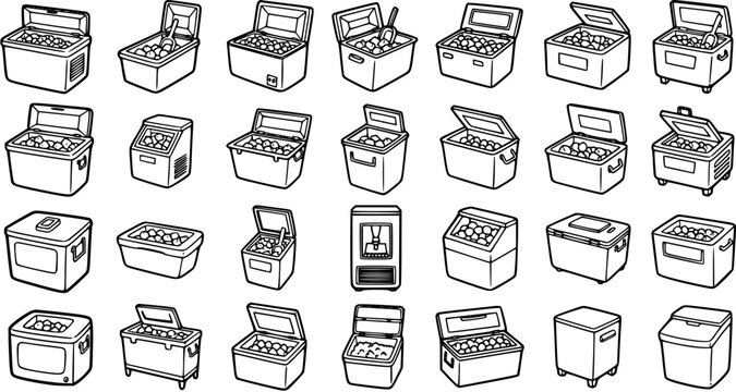 Black and White Line Art of Various Coolers and Ice Chests for Outdoor and Food Service