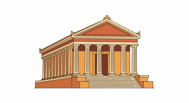 Ancient temple structure with columns and triangular pediment, digitally rendered