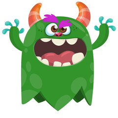 Fototapeta premium Cartoon cute and funny monster creature character design with scary horns and face expression waving hands . Vector illustration. For Halloween party decoration design