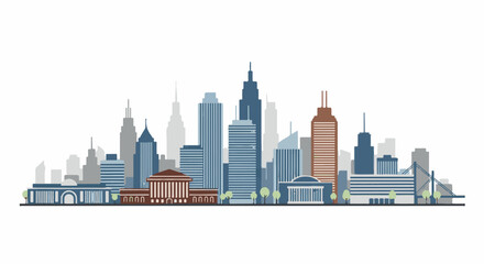Fototapeta premium Stylized city skyline with diverse buildings, trees, and a bridge