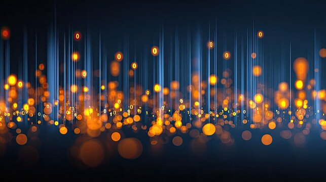Abstract digital streaks with glowing golden orbs and binary data