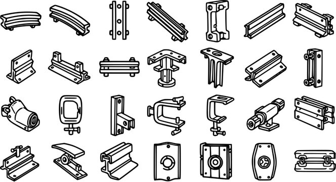 Black and White Line Art of Various Metal Construction Brackets and Fasteners