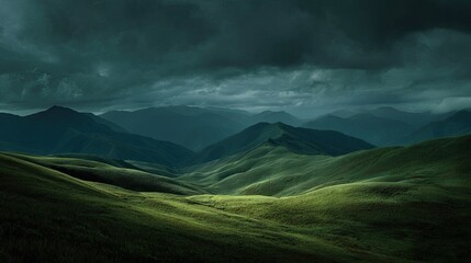 Obraz premium Lush green hills under stormy, dramatic mountain skies