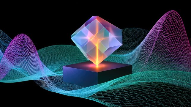 Luminous crystal cube levitates on platform, surrounded by colorful light waves