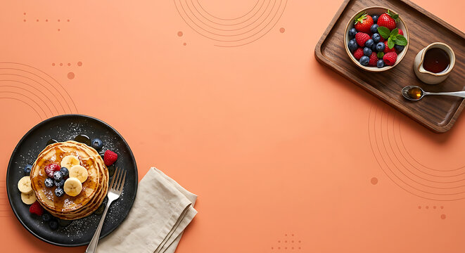 Top-down flat lay of a vegan pancake stack with fresh berries and maple syrup on a coral-peach commercial advertising background template with copy space.