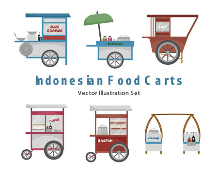 Indonesian Street Food Cart Vector Set with Nasi goreng, Es cincau, Sate, Cimol, Bakpau, and Cuanki Illustrations
