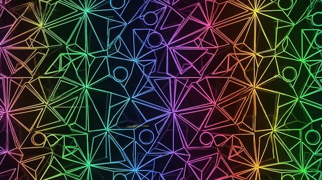 A vibrant geometric pattern featuring interconnected lines and circles