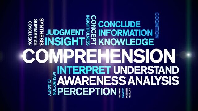 Comprehension animated word cloud-text design animation tag kinetic typography seamless loop.