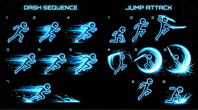 Futuristic sword combat animation guide showing slash, thrust, and overhead strike attack sequences with glowing blue energy effects.