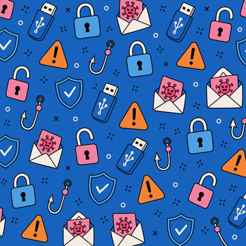 Digital security icons pattern: locks, USB drives, phishing hooks, and virus alerts