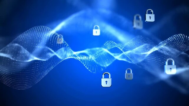 Animated digital locks floating over a blue wave background. Represents cybersecurity, data protection, and digital safety in a modern world