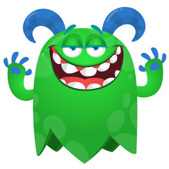 Fototapeta premium Cartoon cute and funny monster creature character design with scary horns and face expression waving hands . Vector illustration. For Halloween party decoration design