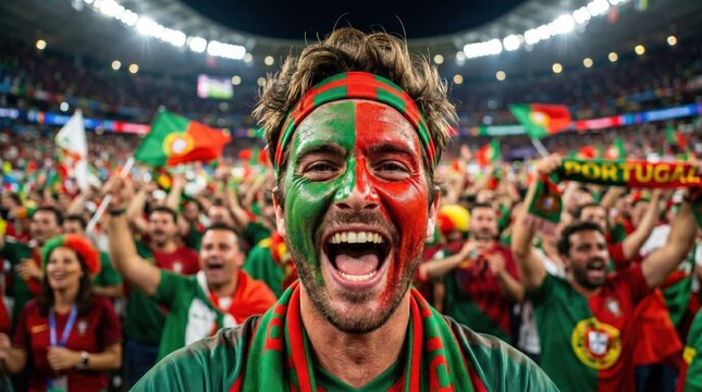 Excited portuguese soccer fan with face paint cheering in a crowded stadium during a match