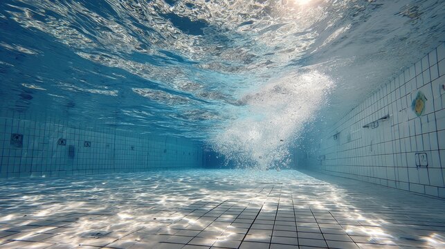 Underwater view of a tiled swimming pool with light shafts and water spray