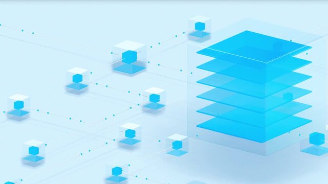 Close up view of an isometric tech network grid showcasing floating blue cubes and a layered server stack for advanced data visualization concepts