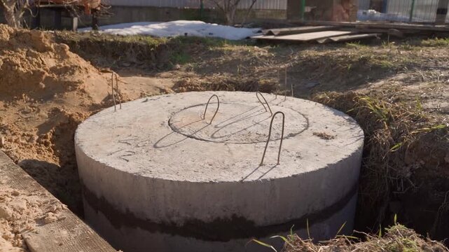 Concrete septic tank cover installed in dug pit at construction site