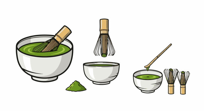 Illustration of matcha preparation with whisks and powder