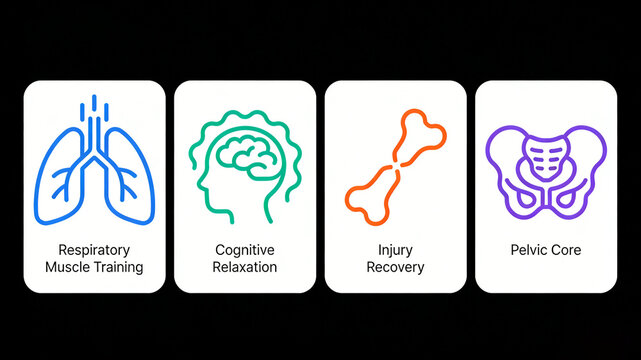 The contours of the lungs, brain, and pelvis represent respiratory training, cognitive relaxation, and pelvic floor protection, suitable for rehabilitation training systems and postpartum repair 