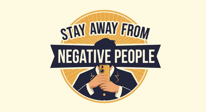 Man in suit holds phone, avoiding negative people, radiating outward