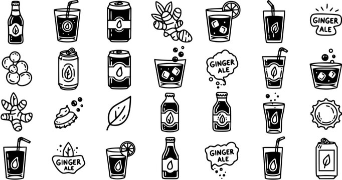 Black  White Line Art Ginger Ale Icons: Refreshing Beverage Bottles, Cans, Glasses  Ginger Root Elements for Food  Drink Industry