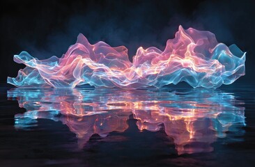 Fototapeta premium Ethereal glowing fabric in pink and blue reflects on water