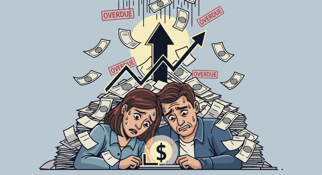 Stressed couple overwhelmed by overdue bills and rising debt