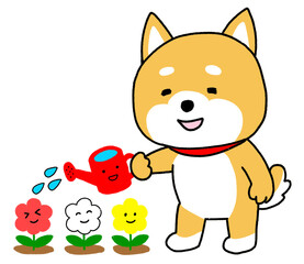 可愛らしい花にじょうろで水やりをするしばいぬ © neriko