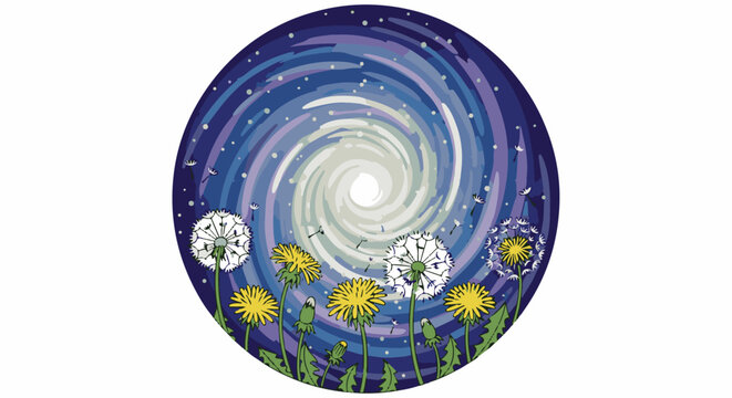 Whimsical dandelions bloom under a swirling, starry cosmic sky