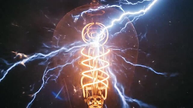 A glowing vintage light bulb with electrical discharges against a dark background