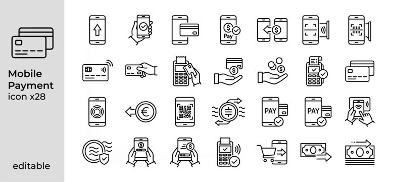 Mobile Payment and Digital Wallet Outline Icons Set, Contactless Banking Vector Collection