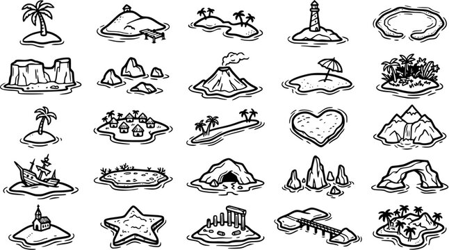 Black and White Line Art Hand-drawn Travel and Nature Islands Collection. Doodle Geographic Elements for Map and Game Design