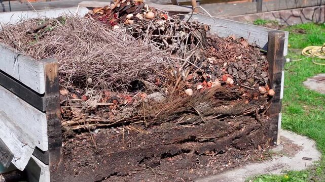 Wooden compost bin filled with organic garden waste and kitchen scraps in backyard