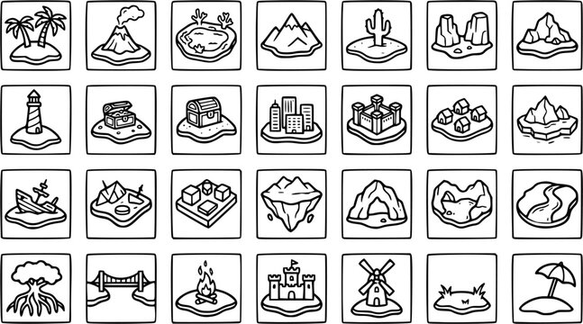 Gaming  Map Design Black  White Line Art Icons Set - Hand Drawn Terrain, Landmark, and Adventure Game Assets Collection.