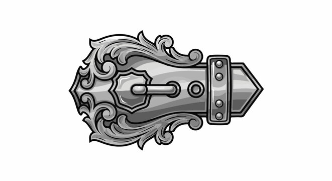 Ornate, antique, silver-toned buckle with decorative scrollwork and rivets