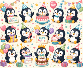 Fototapeta premium Cute Birthday Party Penguins Collection, Kawaii Cartoon Penguin Celebration Set