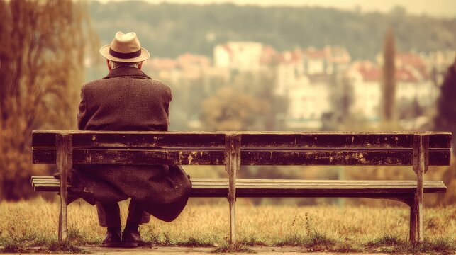 Lonely man in suit and straw hat sitting on vintage park bench from back, warm autumn moody scenery for sentimental quote wallpaper and humanistic photo