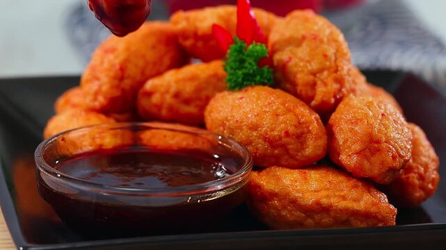 Hand with chopstick dipping crab flavoured nugget with soy sauce on black plate.