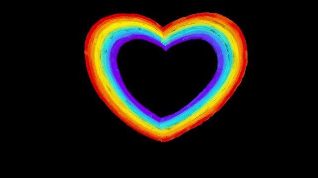 Rainbow color linear heart create seamless loop on black. Hand drawn cute texture cartoon crazy animation cartoon style frame by frame classic crayon paint old style animated dynamic background.

