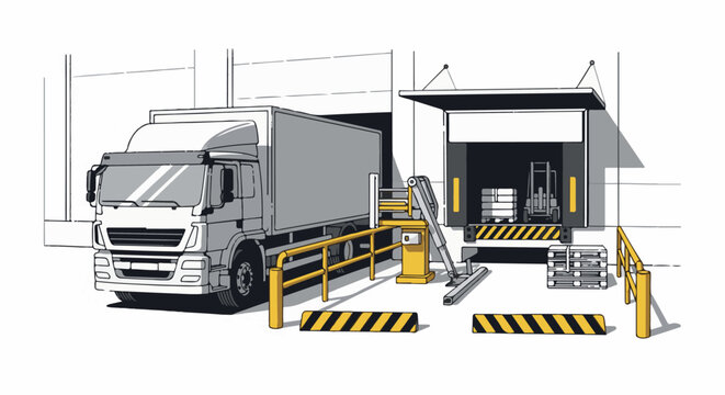 A truck backs into a loading dock where a forklift awaits cargo