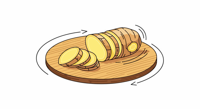 Sliced ginger root resting on a wooden cutting board with circular arrows