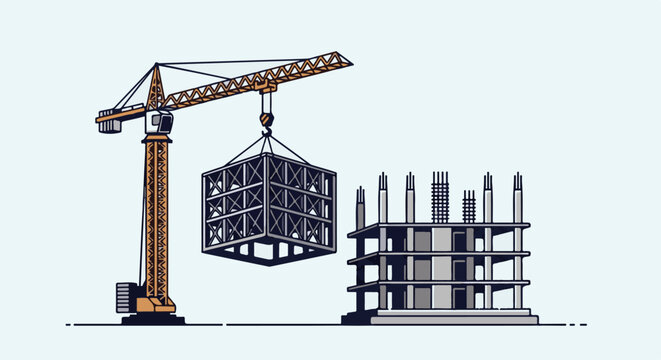 Crane lifting a large metal structure to a building under construction
