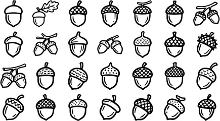 Black  White Line Art Nature Acorns Icon Set - Autumn Forest Harvest Symbols Glyphs Collection for Design © pixsource