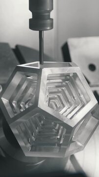Metallic hexagonal object being machined with precision tools in a workshop, showcasing intricate details and craftsmanship during the manufacturing process