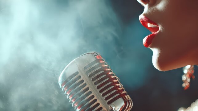 A glamorous vocalist with bold red lips sings into a vintage microphone amidst smoky ambiance. Captures the essence of jazz performance and classic stage allure.