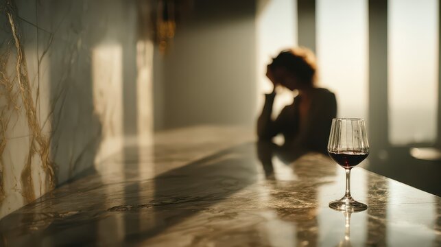 A single glass of red wine sits on a marble bar, bathed in golden sunlight. A blurred silhouette of a person in deep thought adds a moody, contemplative atmosphere.