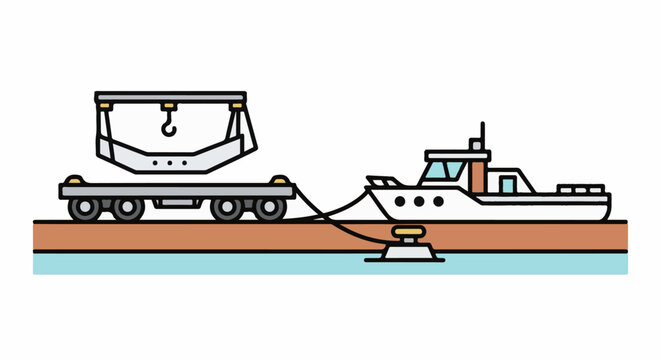 A cargo platform on rails is towed by a boat at the docks