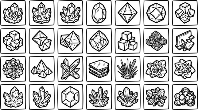 Black and White Line Art Icons of Gemstones and Crystals, Mineral Collection Vector Illustrations