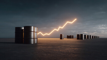 Obraz premium Photorealistic scene of metal oil barrels with a glowing financial chart skyrocketing in the background. Dramatic lighting captures the sharp rise in energy prices.